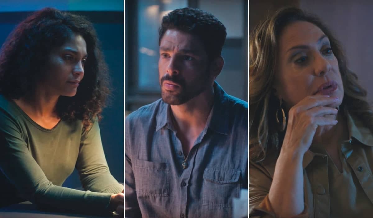 Aline revela a Caio que está com medo de Agatha em Terra e Paixão