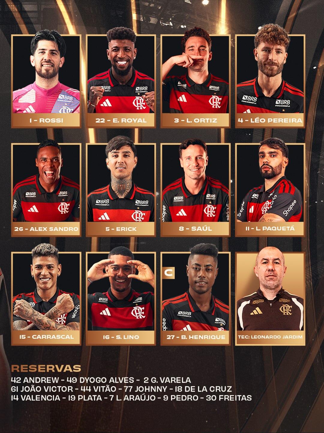 Fla divulgou no Insta a lista dos titulares pro jogo de hoje! Foto: Reprodução/Instagram