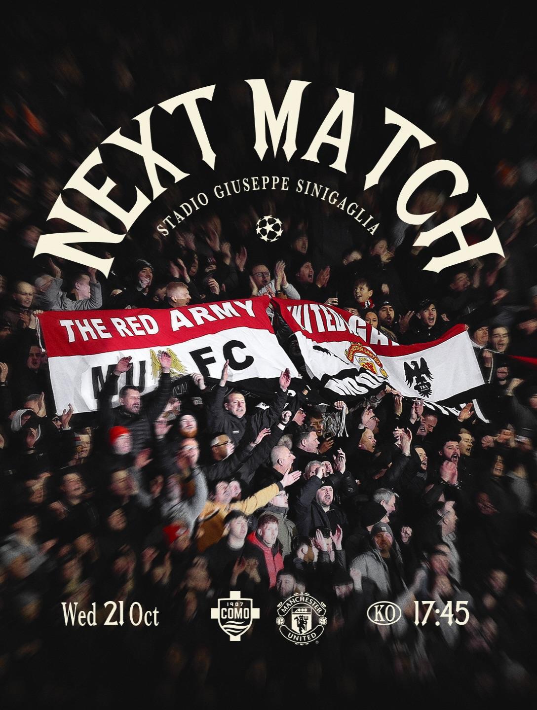 Arte do Manchester United para o jogo contra o Como, no Estádio Giuseppe Sinigaglia, pela Champions League. Reprodução/Instagram @manutd
