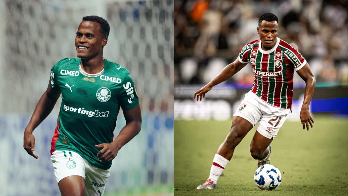 Montagem com Jhon Arias com as camisas do Fluminense e do Palmeiras
