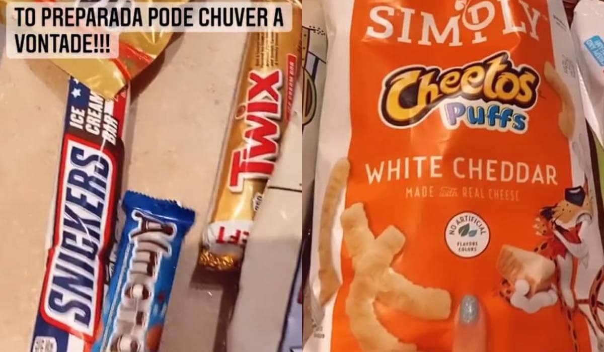 A atriz brasileira correu para uma farmácia próxima e comprou uma série de salgadinhos, bombons e biscoitos