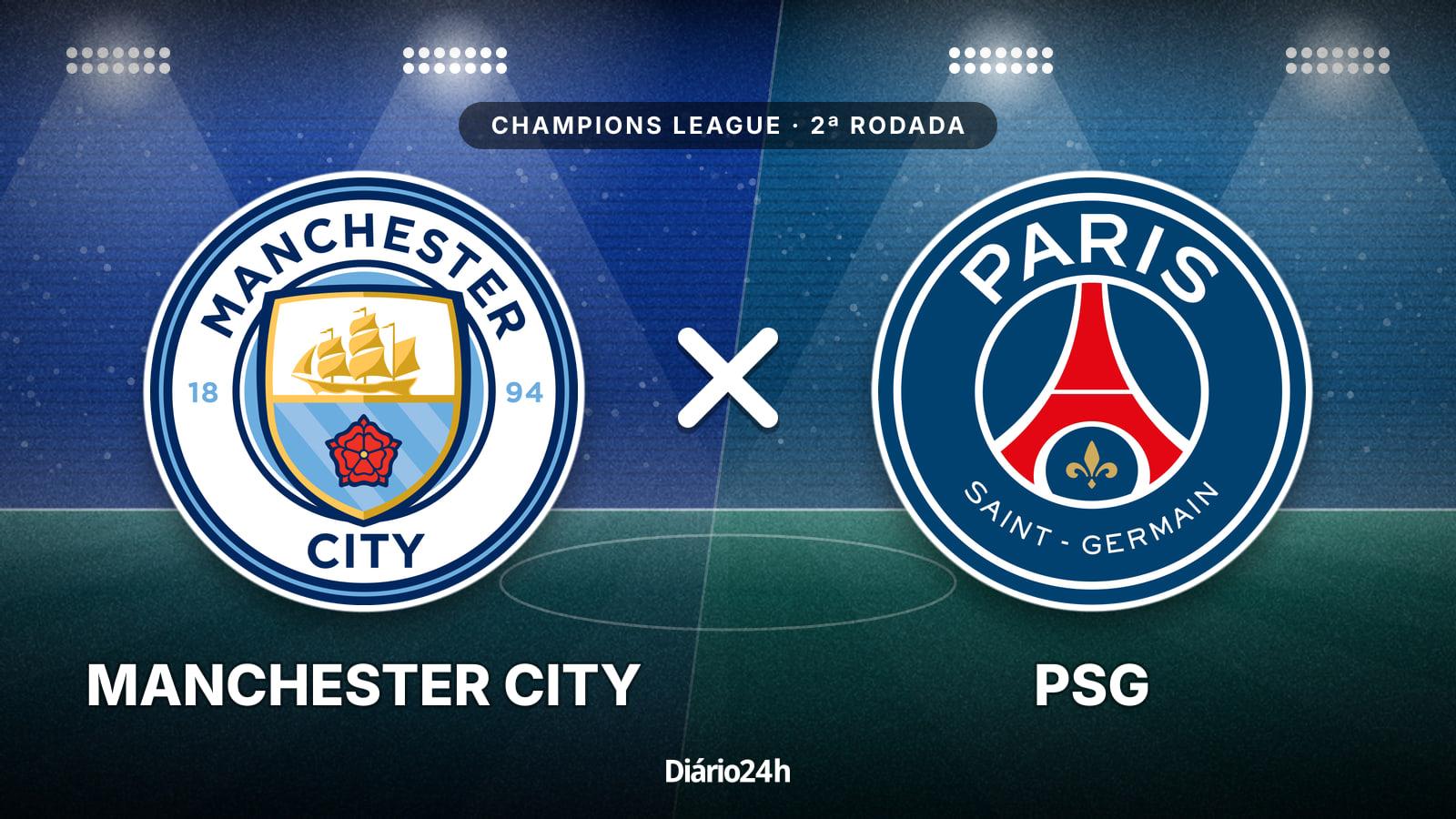 Manchester City x PSG jogam hoje às 16h00 pela UEFA Champions League. Foto: Diário 24 Horas / Montagem
