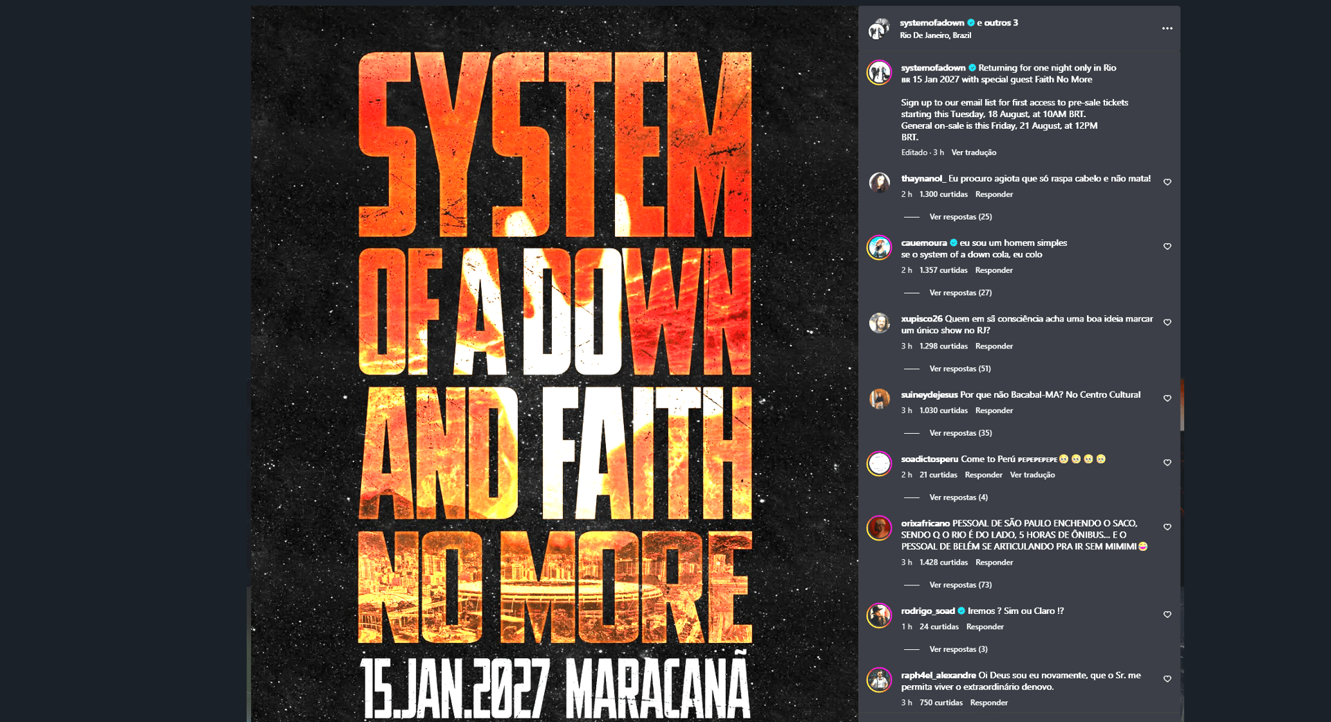 System of a Down e Faith No More anunciam show único no Maracanã em 2027