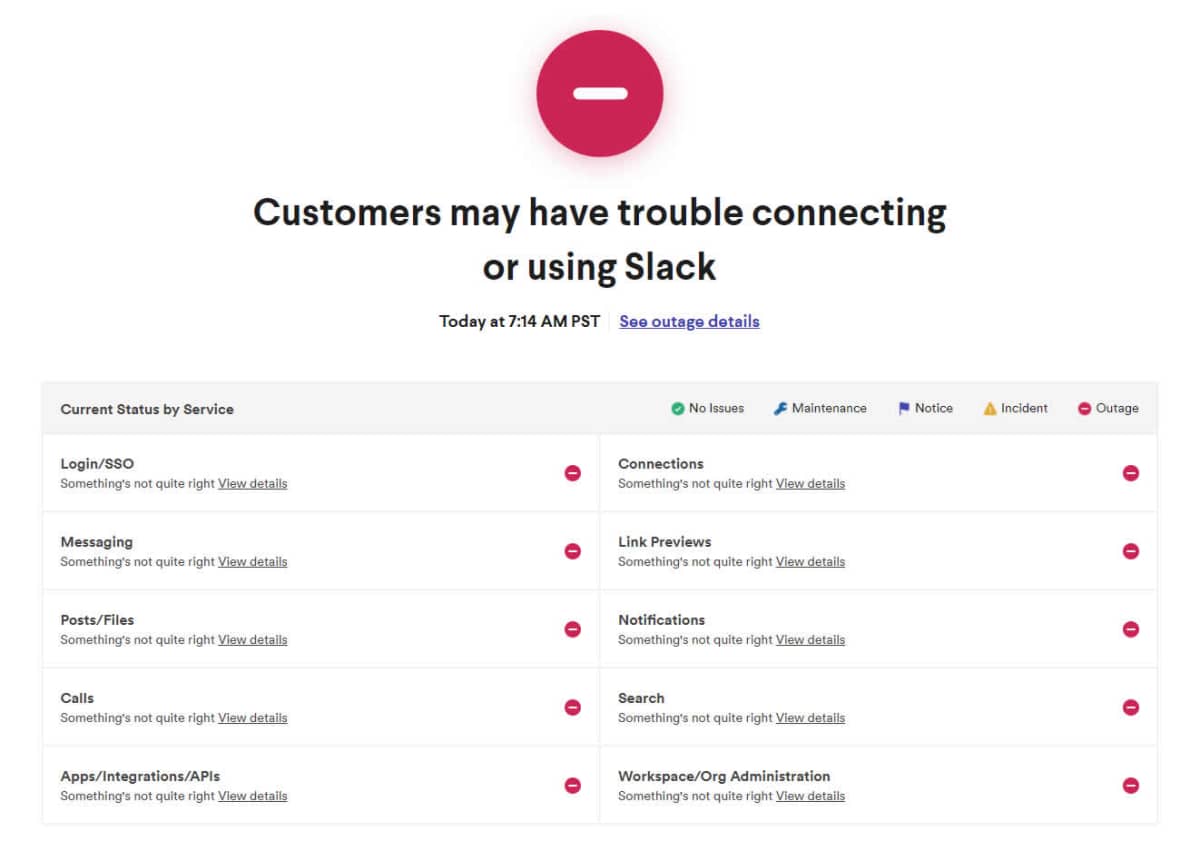 Slack amanheceu com vários serviços fora do ar nessa segunda-feira, 04. Foto: Reprodução.