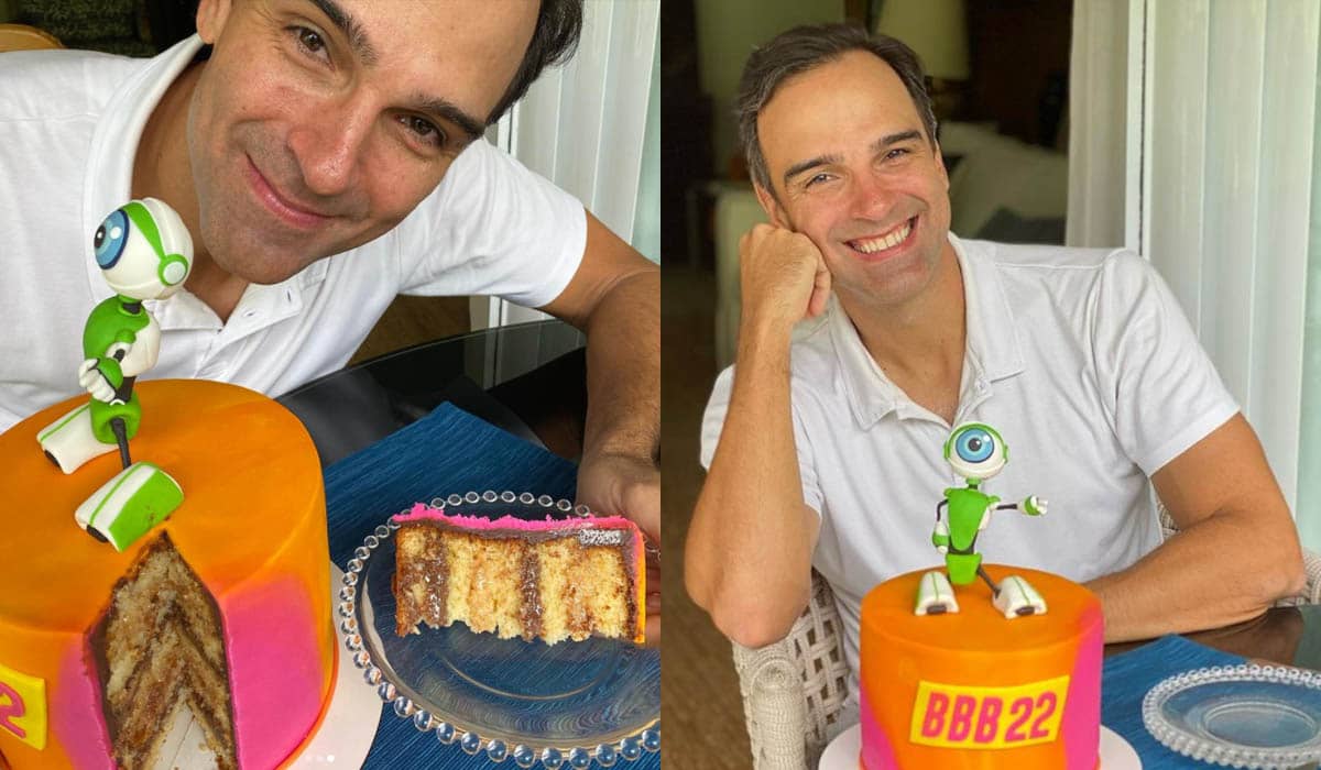 Tadeu Schmidt comemora um mês de BBB 22 com bolo temático