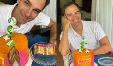 Tadeu Schmidt ganha bolo temático do BBB 22