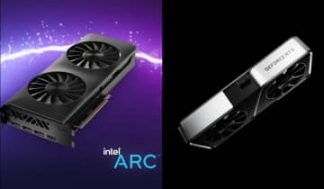 Intel Arc A750 é a nova aposta da empresa no ramo de GPUs. Fonte: Divulgação/Intel e Divulgação/NVIDIA