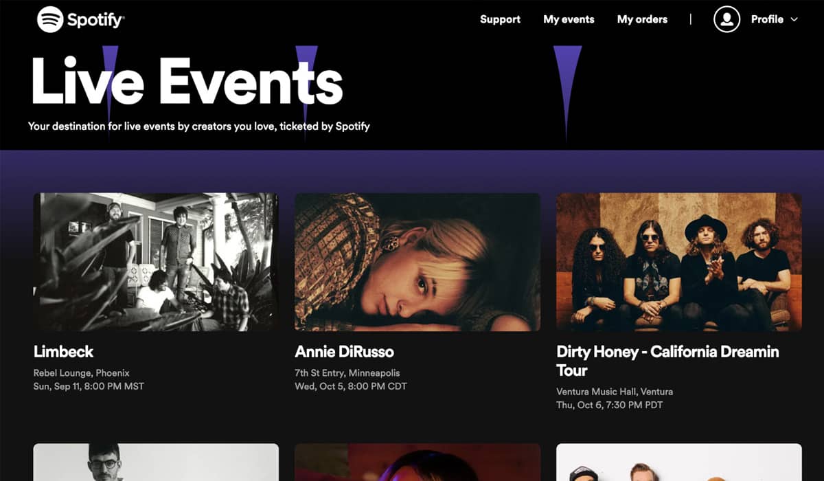 Spotify está trabalhando em site para venda de ingressos. Fonte: Reprodução/Spotify