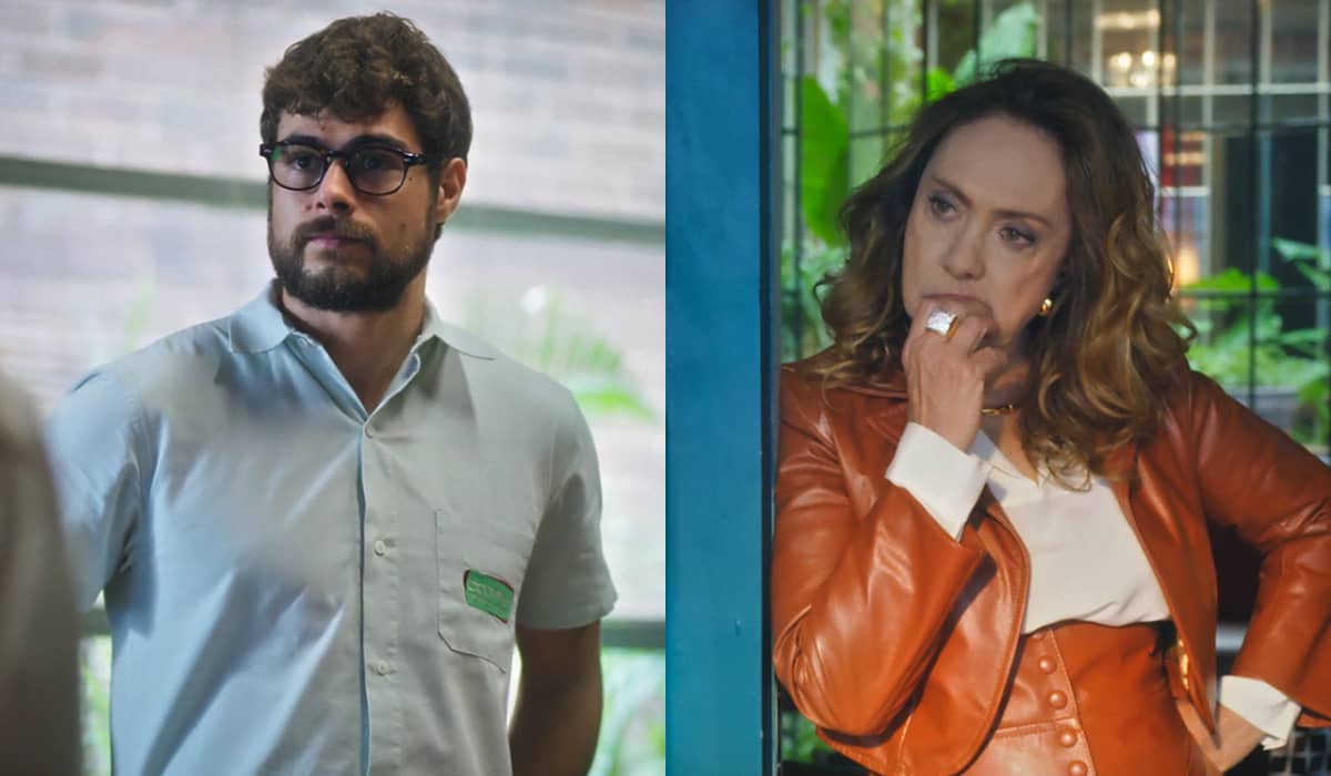 Hélio fica de joelhos e implora para Agatha desistir do plano. Fonte: Reprodução/Globo