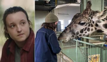 Bella Ramsey publicou foto ao lado da girafa Nabo. Foto: Reprodução/YouTube, Instagram