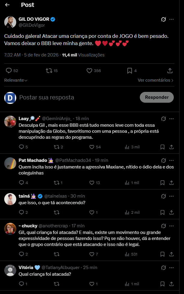 Gil usou seu twitter (x.com) para protestar contra o clima no BBB. Foto: Divulgação.