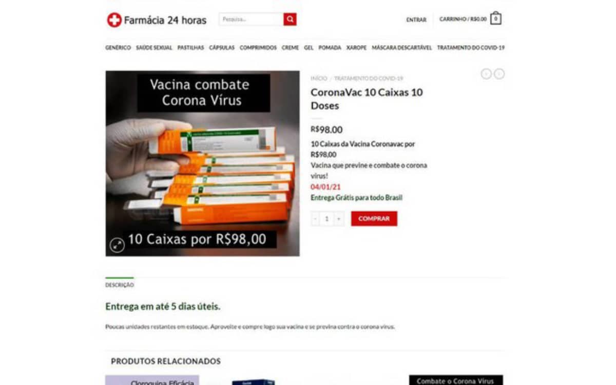 Divulgação/Procon-SP. O site 'Farmácia 24 horas' vendia doses falsas da CoronaVac