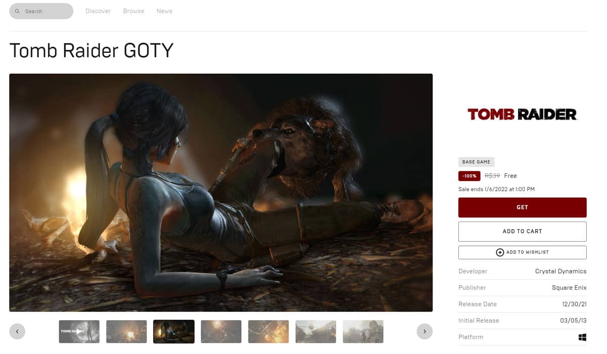 Página do jogo Tomb Raider no site da Epic Games Store