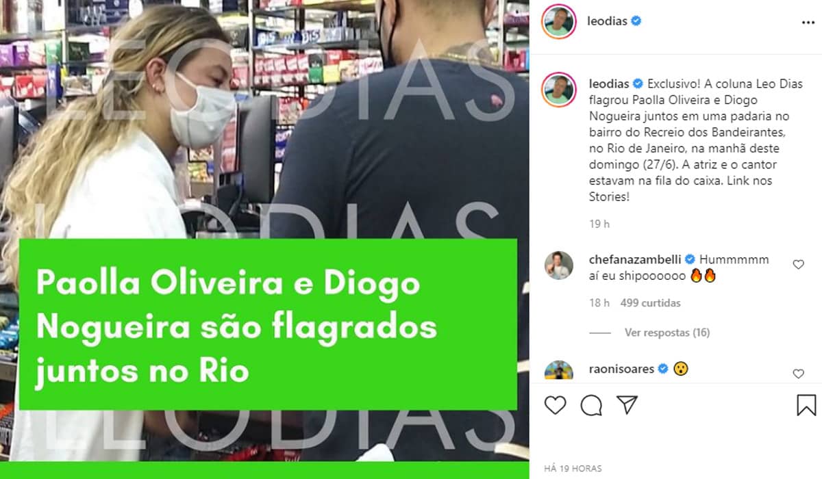 O colunista Leo Dias divulgou em primeira mão a suposta foto de Paolla Oliveira e Diogo Nogueira juntos