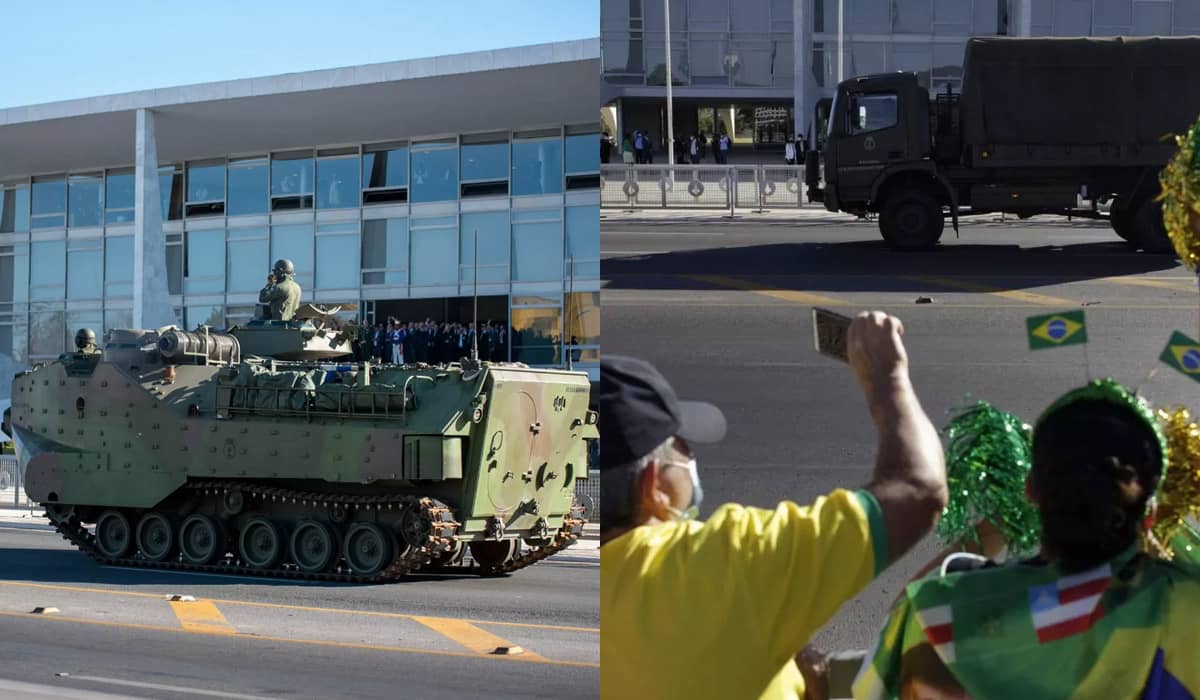 Bolsonaro, equipe e apoiadores acompanham o desfile de tanques e outros blindados em Brasília