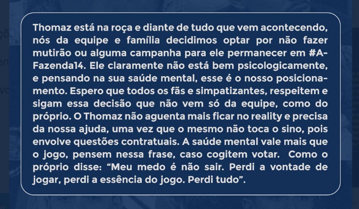 A note esclarece o motivo da equipe do Thomaz não movimentar multirões. Foto: Reprodução/Twitter