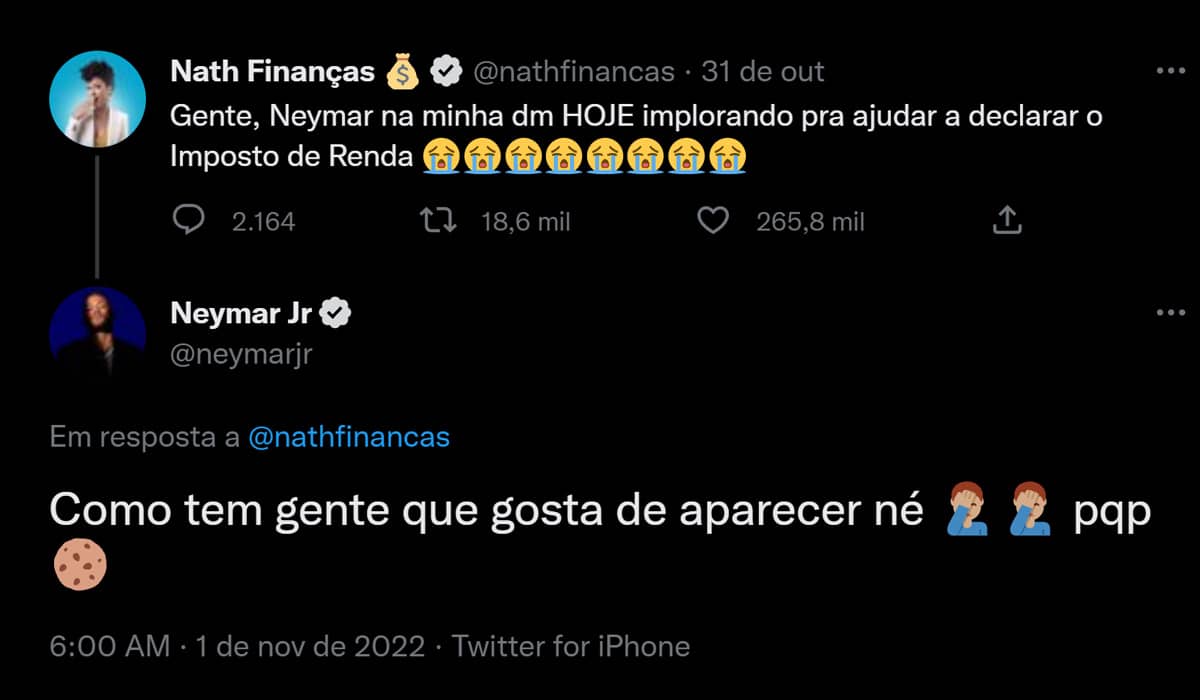 Neymar se irrita com Nath Finanças na web. Foto: Reprodução/Twitter