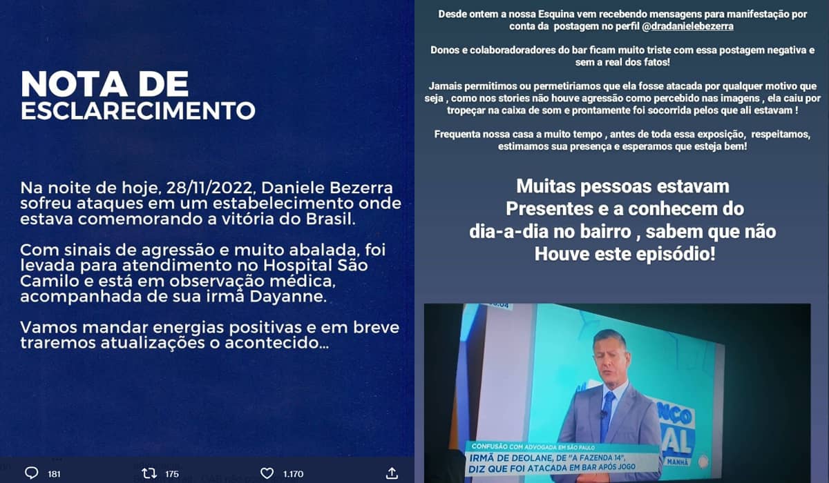 Notas de esclarecimentos foram postadas no perfil de Deolane e no perfil do estabelecimento que desmentiu agressão física. Foto: Reprodução/Twitter