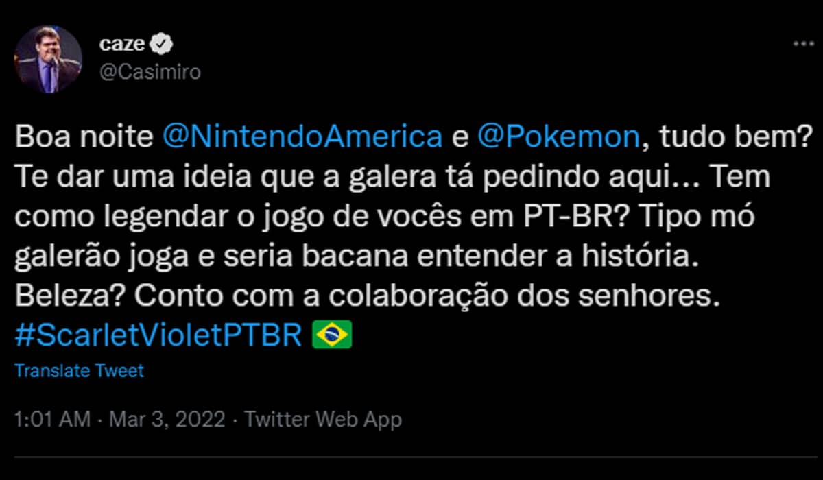 Casemiro publica apoio para tradução de Pokémon. Fonte: Reprodução/Twitter