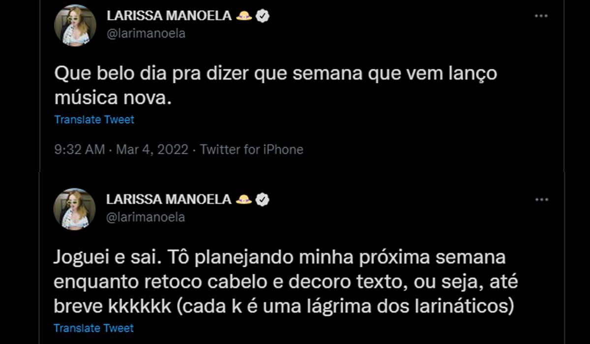 Larissa Manoela compartilha em seu twitter a novidade. Fonte: Divulgação/Twitter