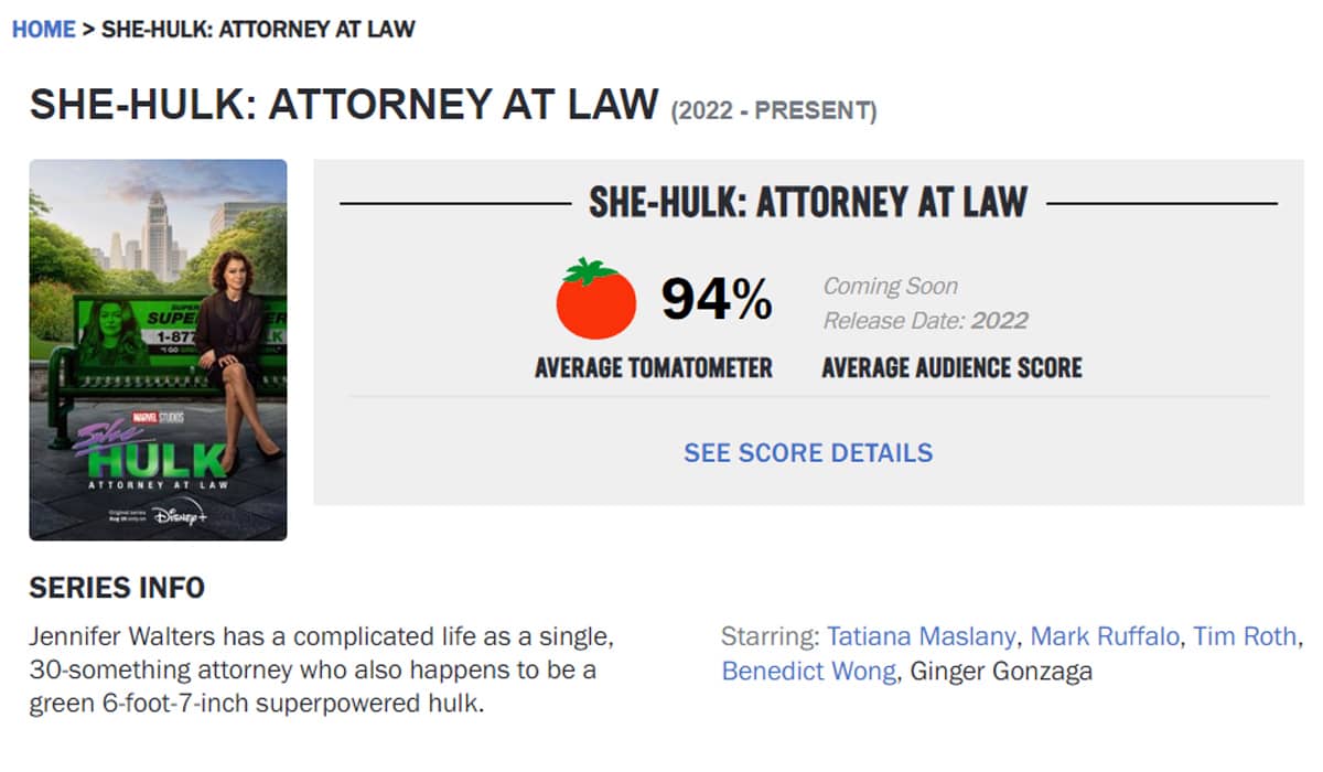 Jennifer Walters parece ter agradado a grande maioria dos críticos do Rotten Tomatoes. Foto: Reprodução/Rotten Tomatoes